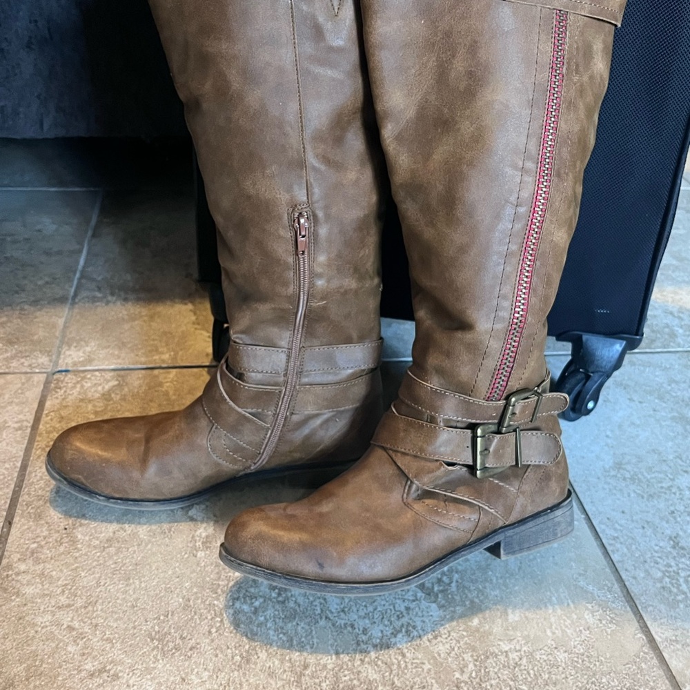 Brown Knee-High Boots with Buckle Detail